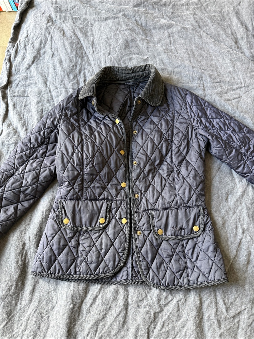 Barbour Quilted Puffer Jacket in navy with Corduroy Collar